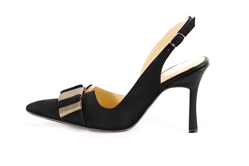 Matt black and gold women's open back shoes, with a knot. Tapered toe. Very high spool heels. Profile view - Florence KOOIJMAN
